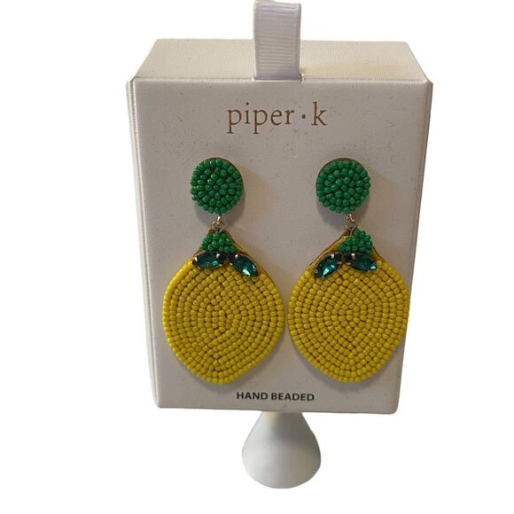 Piper•k  Gorgeous Bright Yellow & Kelly Green Hand Beaded Drop Earrings. - Picture 1 of 7